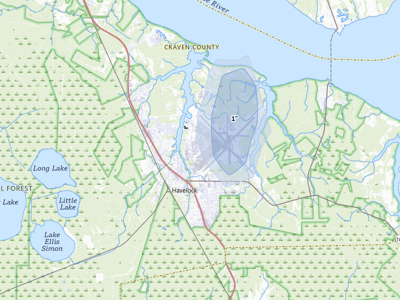NEXRAD radar-signature map of the hail storm over Cherry Point, NC on Jun 28, 2026