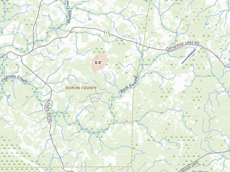 Radar-estimated hail-size map of the storm over Chinquapin, NC on Jun 26, 2026