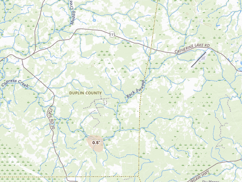 Radar-estimated hail-size map of the storm over Chinquapin, NC on Jul 17, 2026