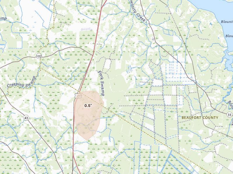 Radar-estimated hail-size map of the storm over Chocowinity, NC on Jun 27, 2026