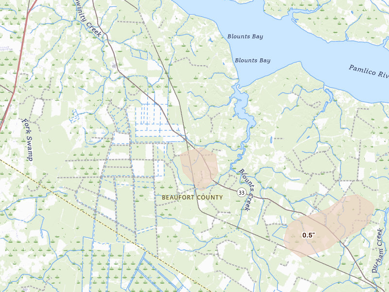 Radar-estimated hail-size map of the storm over Chocowinity, NC on Aug 10, 2026