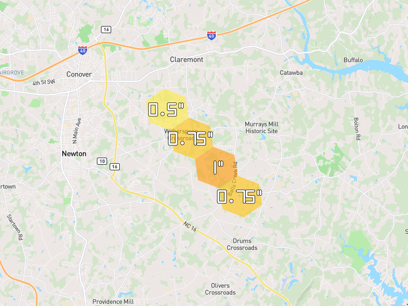 Hail map of Claremont, NC on Jul 28, 2026, hail up to 1"
