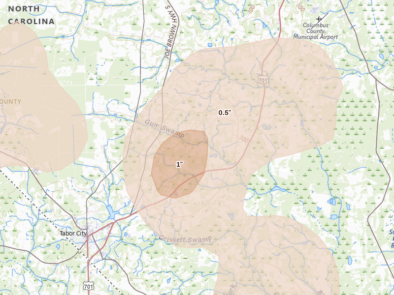 Radar-estimated hail-size map of the storm over Clarendon, NC on Aug 21, 2026