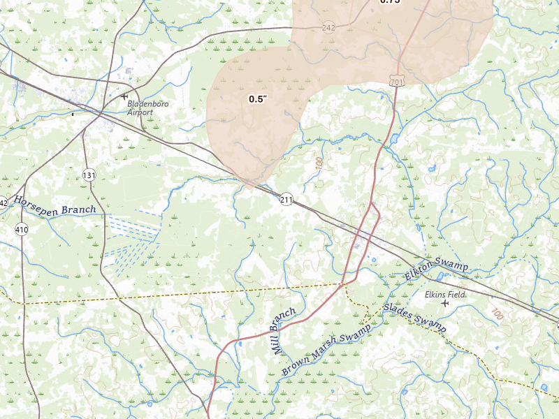 Radar-estimated hail-size map of the storm over Clarkton, NC on Aug 20, 2026
