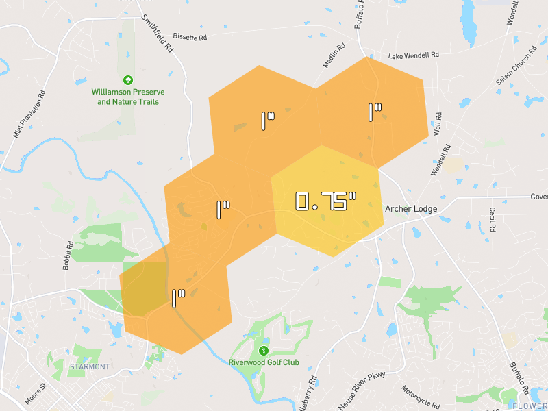 Hail map of Clayton, NC on Jun 27, 2026, hail up to 1"