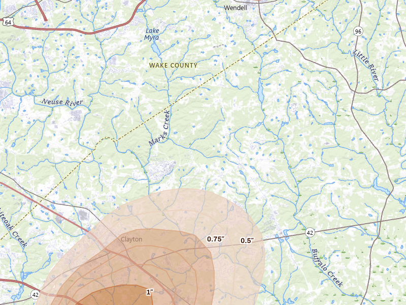 Radar-estimated hail-size map of the storm over Clayton, NC on Jul 8, 2026
