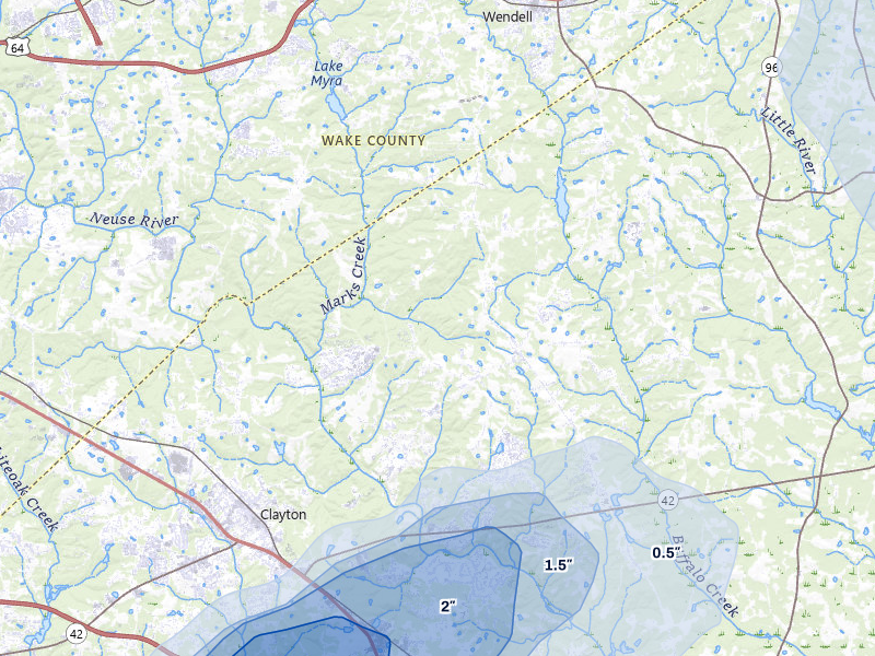 NEXRAD radar-signature map of the hail storm over Clayton, NC on Jul 8, 2026