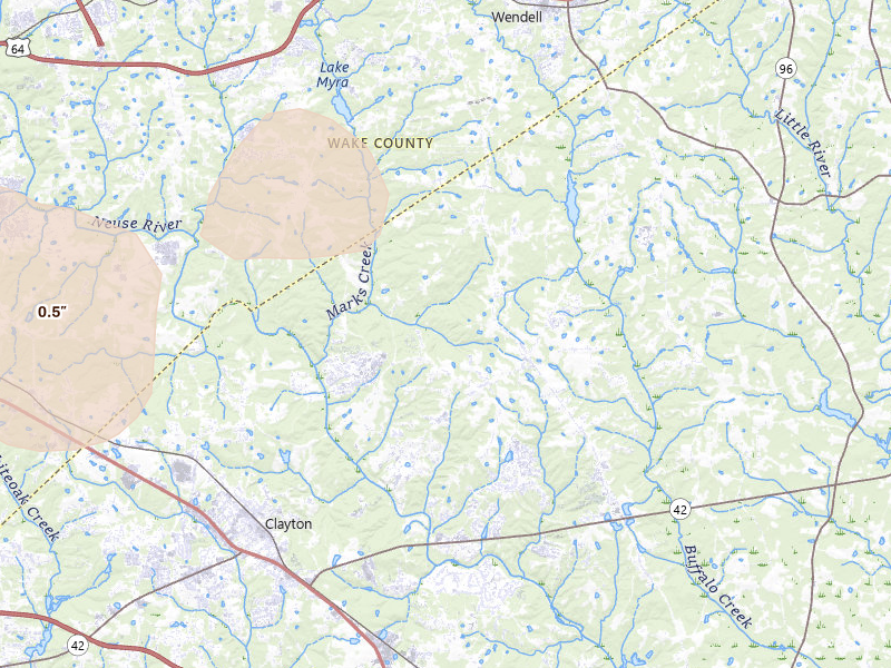Radar-estimated hail-size map of the storm over Clayton, NC on Jul 20, 2026
