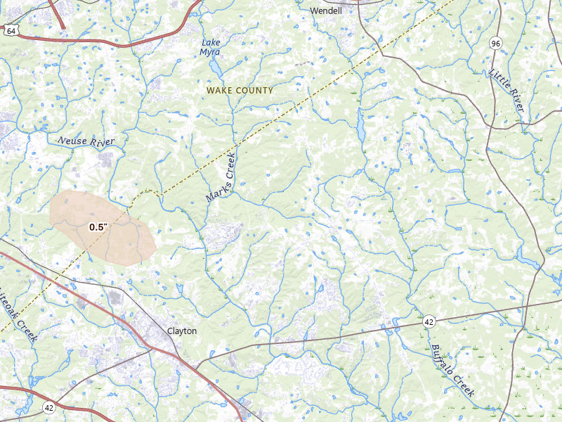 Radar-estimated hail-size map of the storm over Clayton, NC on Jul 28, 2026