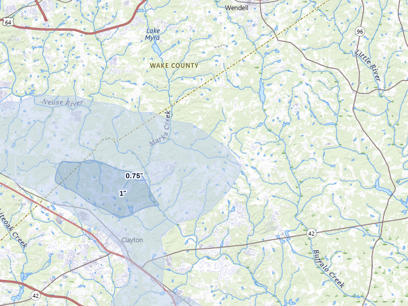 NEXRAD radar-signature map of the hail storm over Clayton, NC on Jul 28, 2026