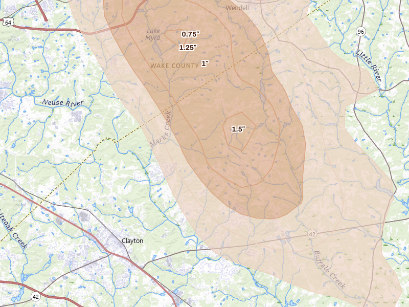 Radar-estimated hail-size map of the storm over Clayton, NC on Sep 4, 2026