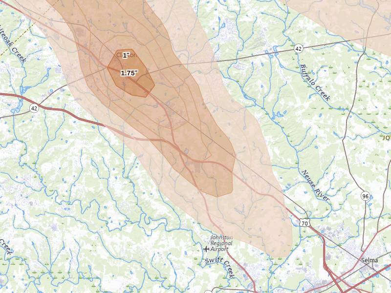 Radar-estimated hail-size map of the storm over Clayton, NC on Sep 5, 2026