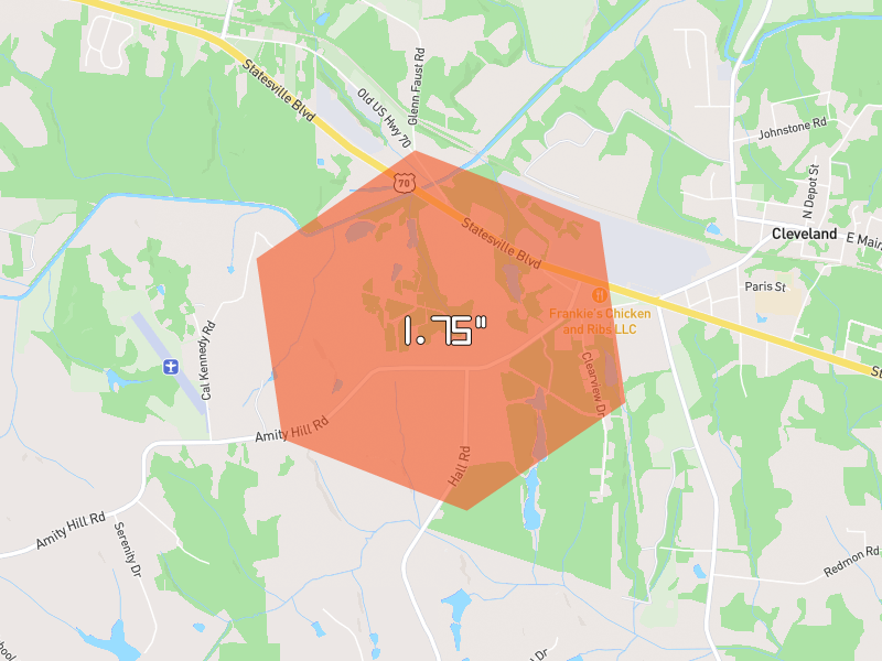 Hail map of Cleveland, NC on Jul 7, 2026, hail up to 1.75"