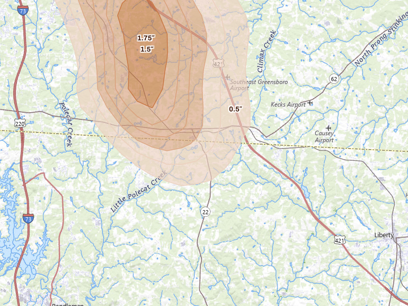 Radar-estimated hail-size map of the storm over Climax, NC on Sep 4, 2026
