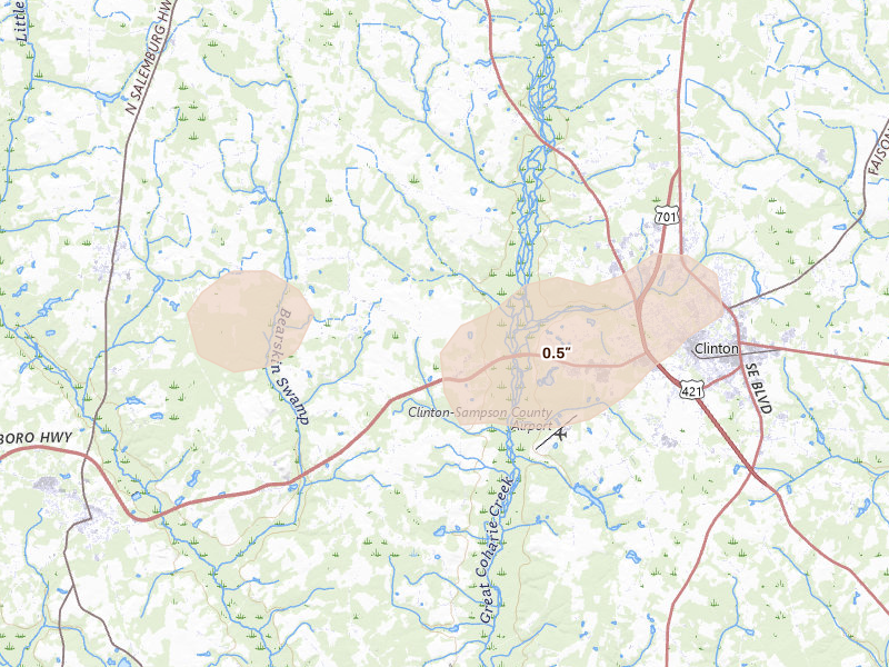 Radar-estimated hail-size map of the storm over Clinton, NC on Jun 14, 2026