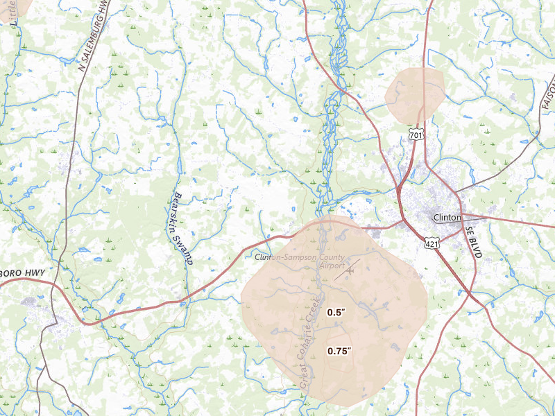 Radar-estimated hail-size map of the storm over Clinton, NC on Jul 6, 2026