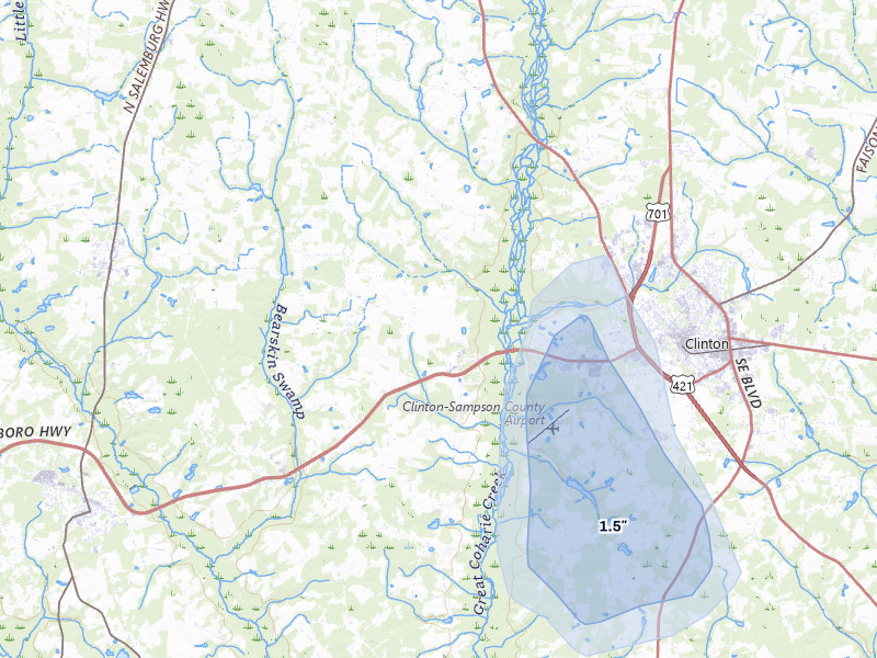 NEXRAD radar-signature map of the hail storm over Clinton, NC on Jul 6, 2026