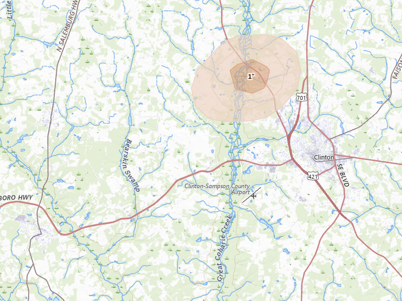 Radar-estimated hail-size map of the storm over Clinton, NC on Jul 10, 2026