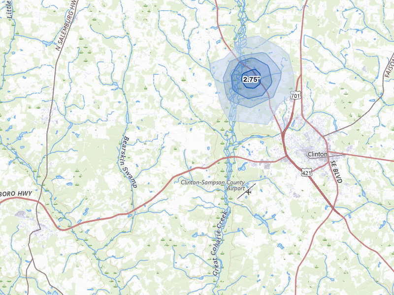 NEXRAD radar-signature map of the hail storm over Clinton, NC on Jul 10, 2026