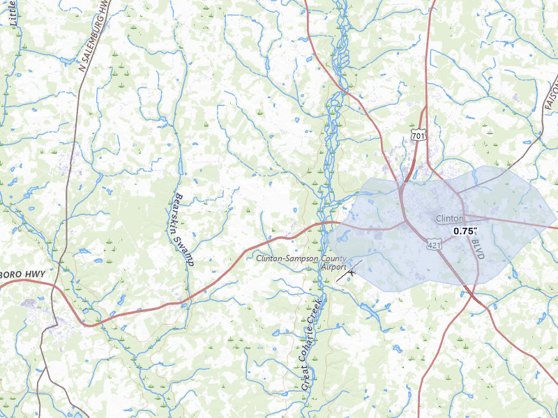 NEXRAD radar-signature map of the hail storm over Clinton, NC on Jul 28, 2026