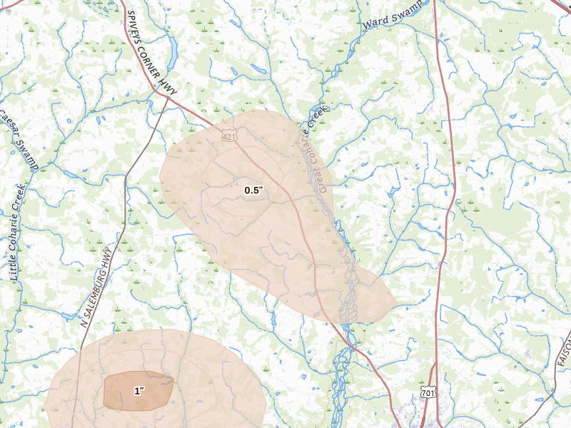 Radar-estimated hail-size map of the storm over Clinton, NC on Aug 10, 2026
