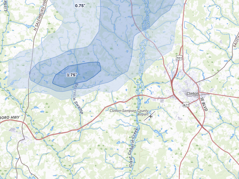 NEXRAD radar-signature map of the hail storm over Clinton, NC on Aug 10, 2026