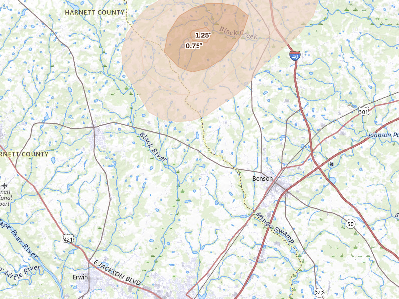 Radar-estimated hail-size map of the storm over Coats, NC on Jul 8, 2026