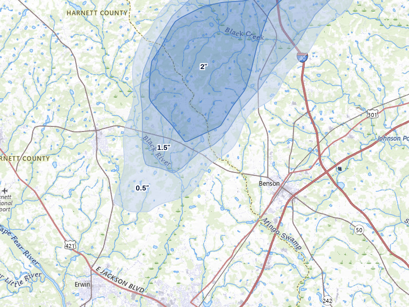 NEXRAD radar-signature map of the hail storm over Coats, NC on Jul 8, 2026