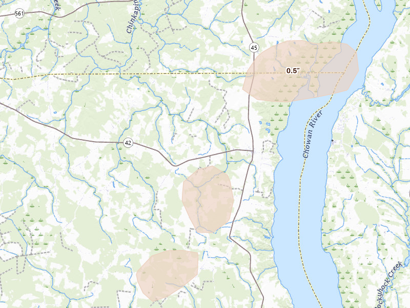 Radar-estimated hail-size map of the storm over Colerain, NC on Jun 23, 2026
