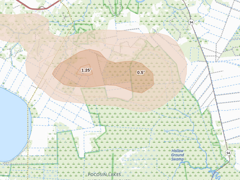 Radar-estimated hail-size map of the storm over Columbia, NC on Jun 14, 2026