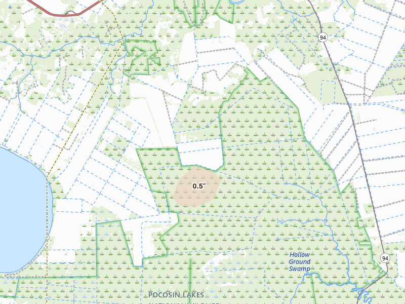 Radar-estimated hail-size map of the storm over Columbia, NC on Jun 28, 2026