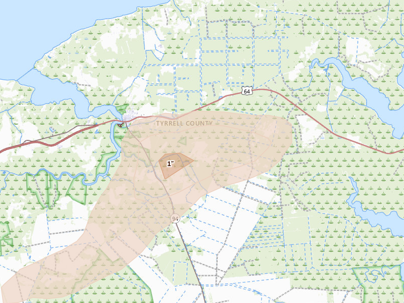 Radar-estimated hail-size map of the storm over Columbia, NC on Aug 24, 2026