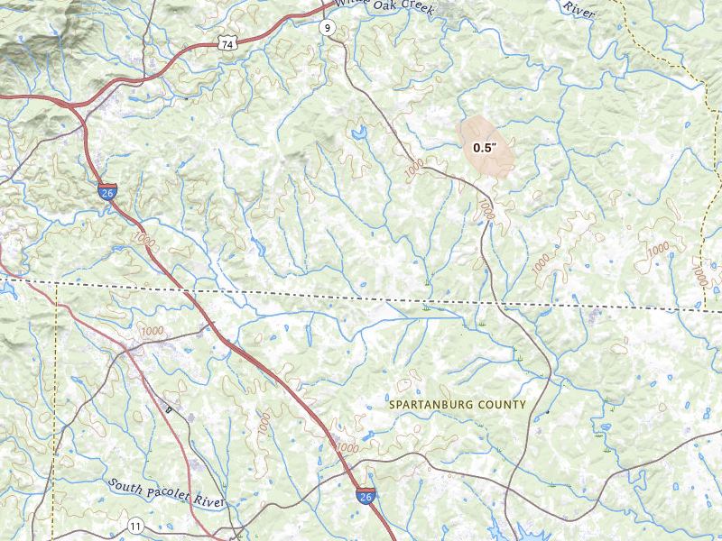 Radar-estimated hail-size map of the storm over Columbus, NC on Aug 4, 2026