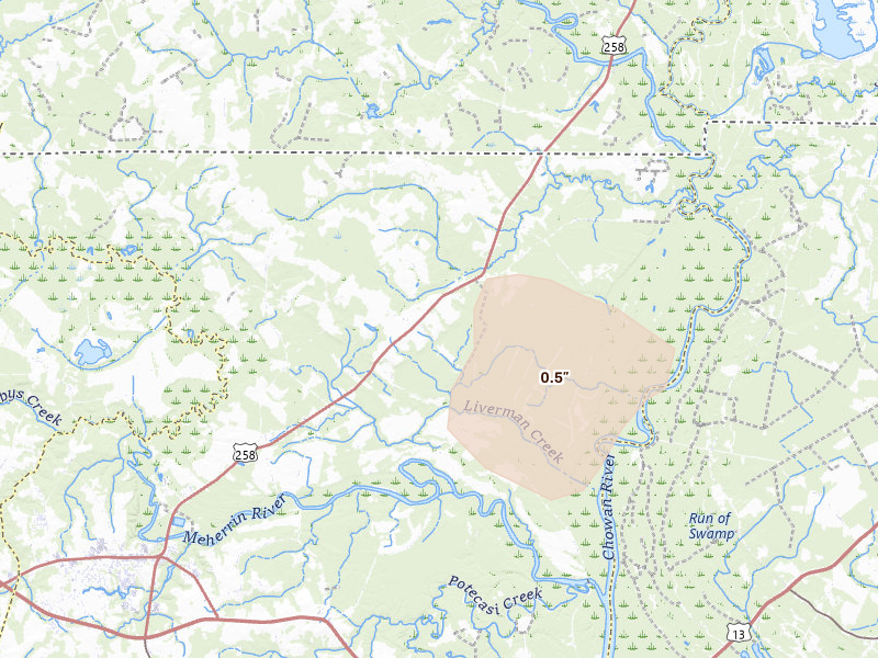 Radar-estimated hail-size map of the storm over Como, NC on Jul 20, 2026