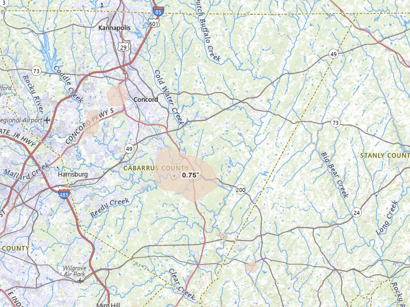 Radar-estimated hail-size map of the storm over Concord, NC on Jul 5, 2026