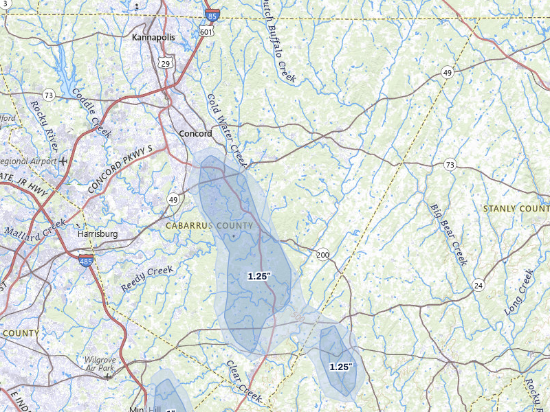 NEXRAD radar-signature map of the hail storm over Concord, NC on Jul 5, 2026