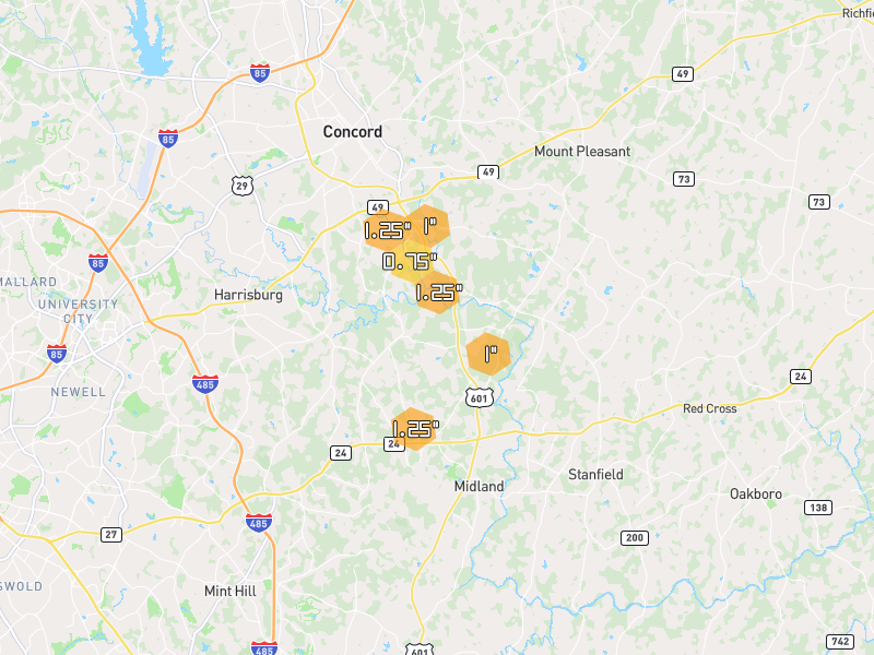 Hail map of Concord, NC on Jul 5, 2026, hail up to 1.25"