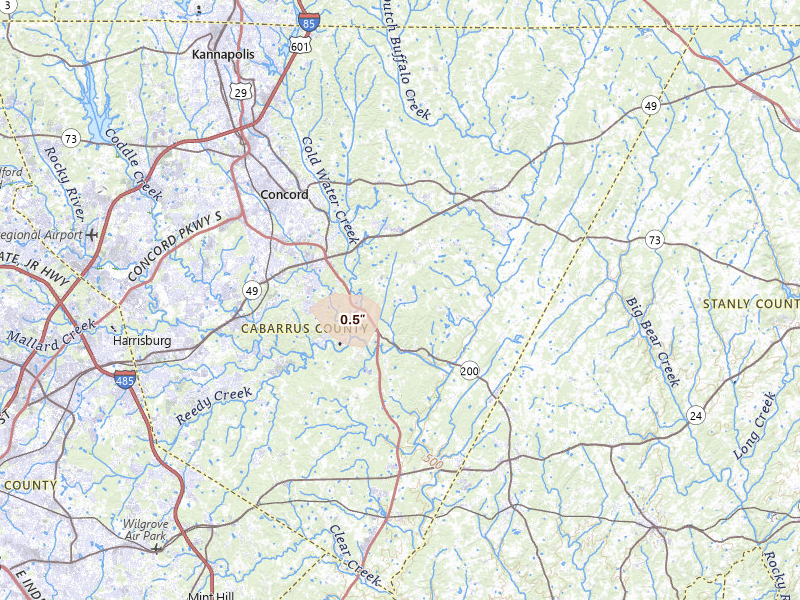 Radar-estimated hail-size map of the storm over Concord, NC on Jul 6, 2026
