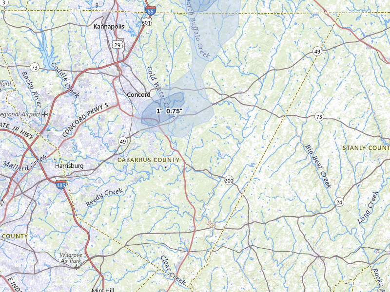 NEXRAD radar-signature map of the hail storm over Concord, NC on Jul 6, 2026