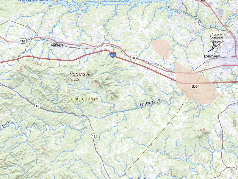 Radar-estimated hail-size map of the storm over Connelly Springs, NC on Jul 28, 2026