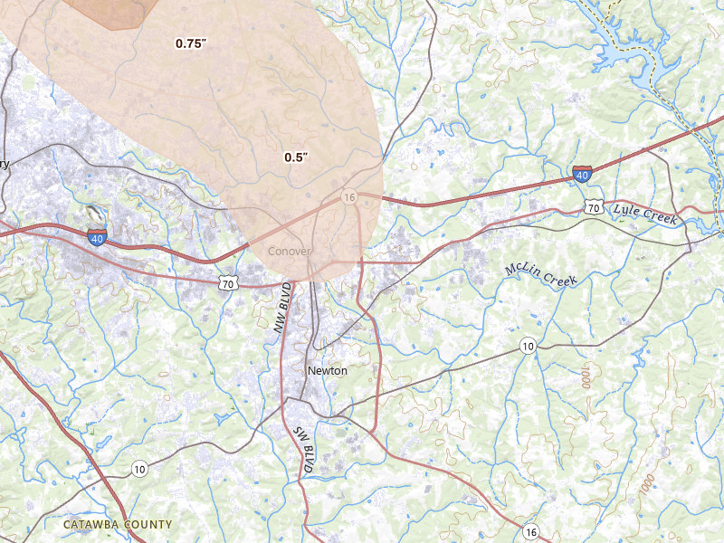 Radar-estimated hail-size map of the storm over Conover, NC on Jul 28, 2026