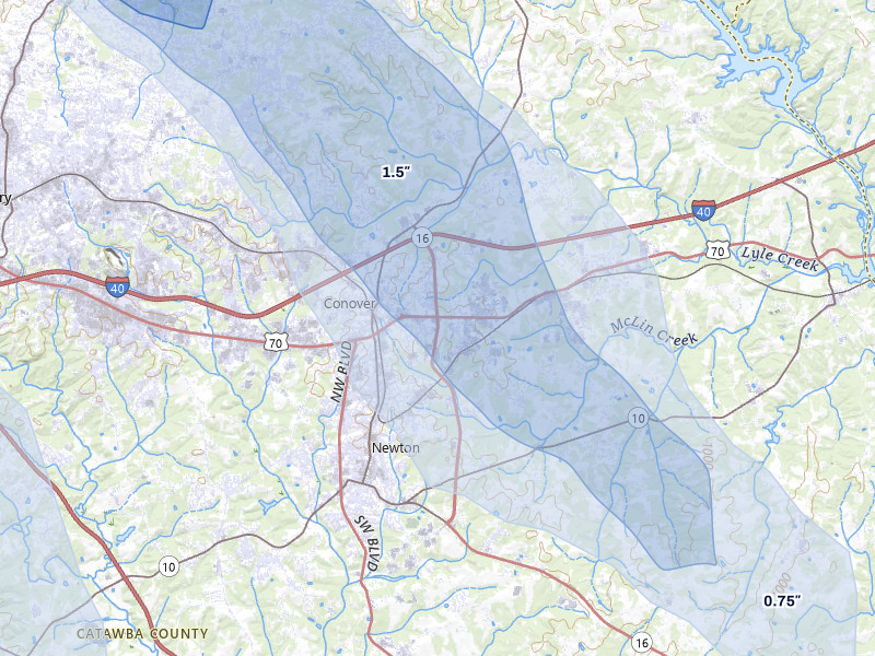 NEXRAD radar-signature map of the hail over Conover, NC