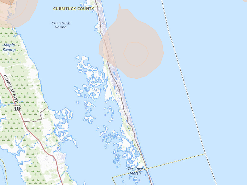 Radar-estimated hail-size map of the storm over Corolla, NC on Jun 12, 2026