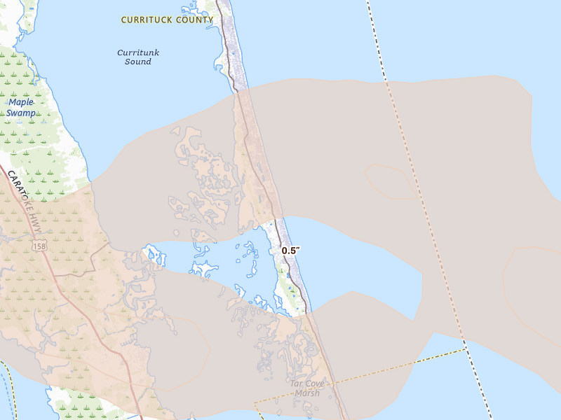 Radar-estimated hail-size map of the storm over Corolla, NC on Jul 19, 2026