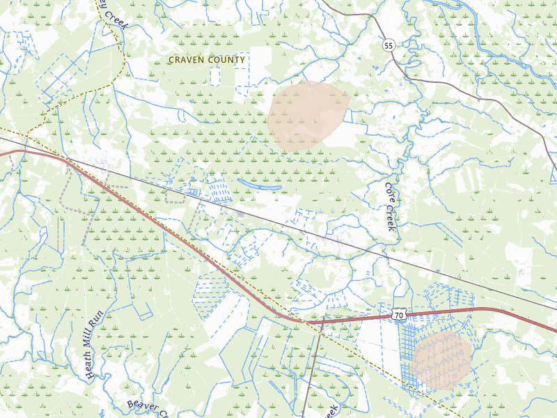 Radar-estimated hail-size map of the storm over Cove City, NC on Jul 6, 2026