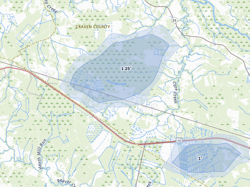 NEXRAD radar-signature map of the hail storm over Cove City, NC on Jul 6, 2026