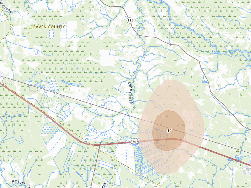 Radar-estimated hail-size map of the storm over Cove City, NC on Aug 21, 2026