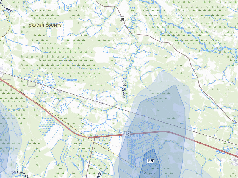 NEXRAD radar-signature map of the hail storm over Cove City, NC on Aug 21, 2026