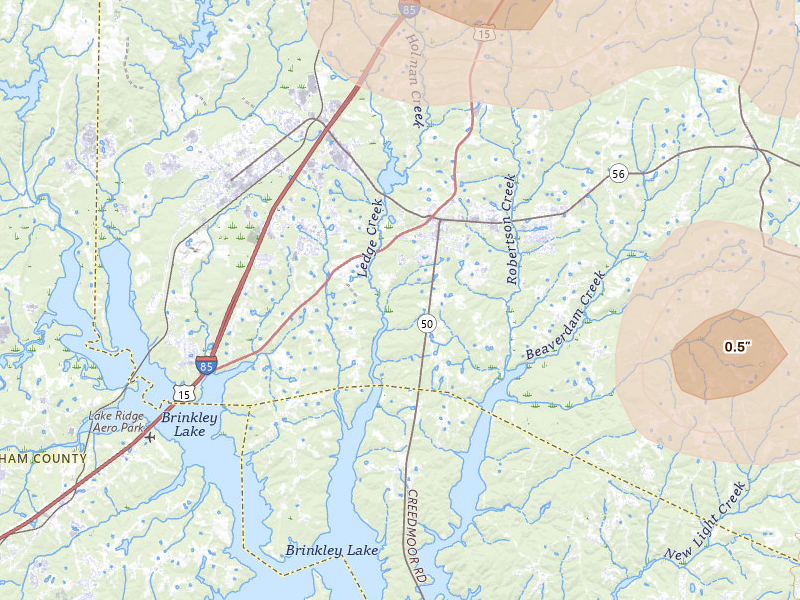 Radar-estimated hail-size map of the storm over Creedmoor, NC on Jul 19, 2026