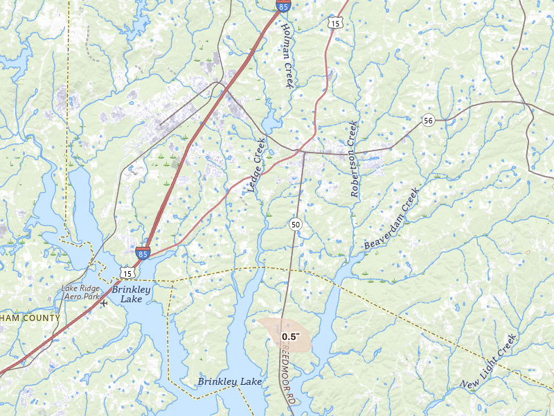 Radar-estimated hail-size map of the storm over Creedmoor, NC on Jul 20, 2026
